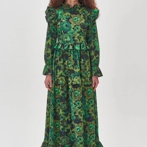 Anthropologie Damson Madder Dress 8 Kushla Floral Green Maxi Ruffles Tie Back
